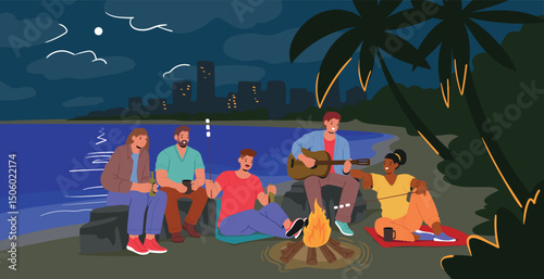 Happy friends sitting around bonfire having fun during evening enjoying pastime cartoon scene