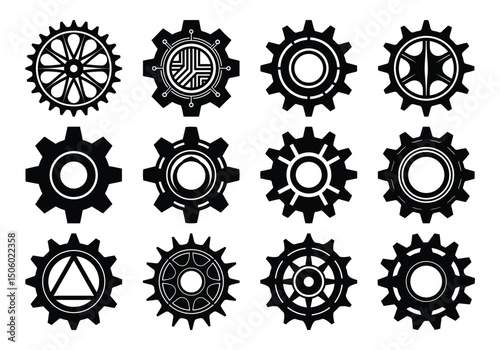 Gear icon vector set, black cogwheel vector collection, mechanical gear shapes, engineering symbols, industrial machinery, sprocket designs on white background