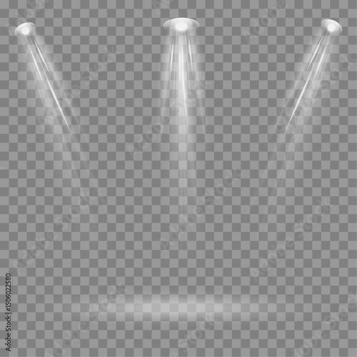 Set of spotlight shines on the stage, scene, podium. Bright lighting with spotlights. Spot lighting of the stage. Lens flash light effect from a lamp or spot.