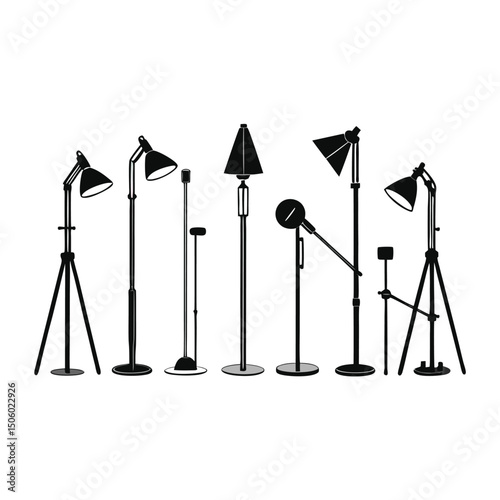 Black Silhouette Illustration of Various Floor Lamps and Microphone Stands on a White Background in Vector Format