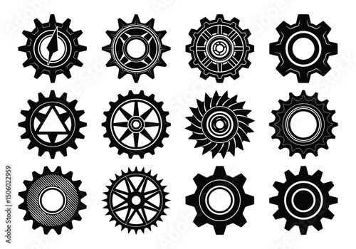 Gear icon vector set, black cogwheel vector collection, mechanical gear shapes, engineering symbols, industrial machinery, sprocket designs collection on white background