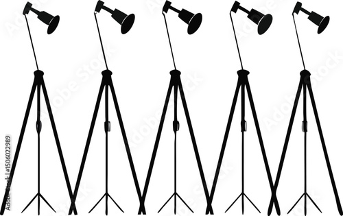 Five Silhouette Tripod Lamps Arranged in a Row on a White Background for Photography and Studio Lighting Needs