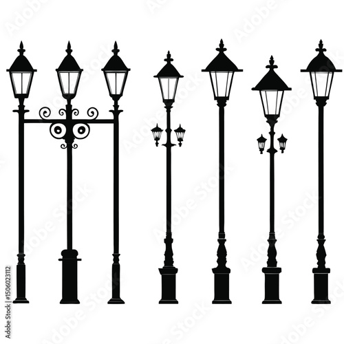 Silhouette Collection of Vintage Street Lamps Decorative Lighting Fixtures and Classic Outdoor Illumination on a Clean White Background Perfect for Design Elements