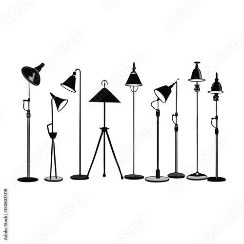 Collection of Floor Lamps in Black Silhouette on a White Background Vintage Style Retro Design Home Decor Interior Lighting