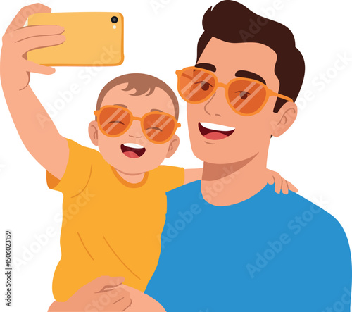 Father and baby son taking selfie wearing orange sunglasses and colorful clothes vector illustration 