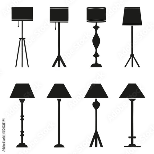 Set of Eight Different Floor Lamps in Black Silhouette Modern and Classic Designs Isolated on White Background Home Decor