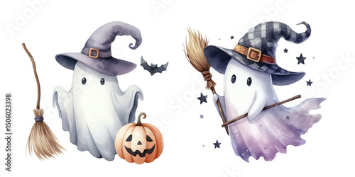 Cute watercolor ghost characters in witch hats, one holding a pumpkin broom and the other flying on a broom, with stars and bats around, Halloween theme, pastel and whimsical style, isolated on white 