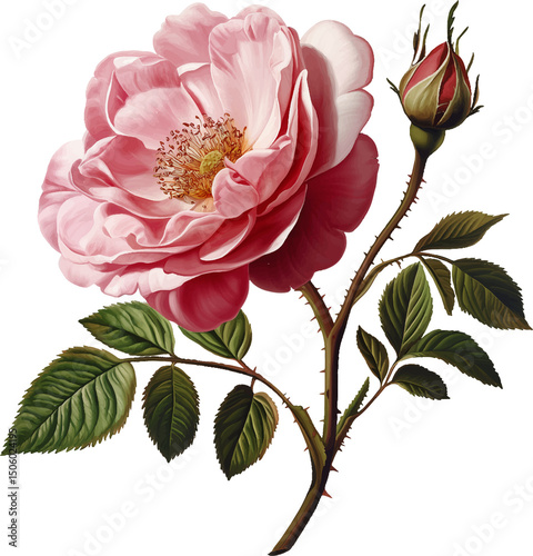 Fototapeta Naklejka Na Ścianę i Meble -  Rose flower isolated on a transparent background. Vintage painting style illustration.