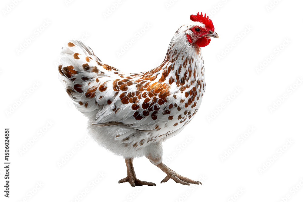 Fototapeta premium Colorful speckled chicken walking on a transparent background