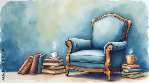 Charming illustrated Father's Day scene featuring cozy armchair corner with books and coffee, watercolor painting style

