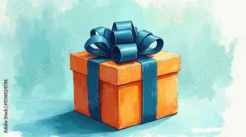 Hand-painted style illustration of orange gift box with blue ribbon for Father's Day, artistic watercolor background technique


