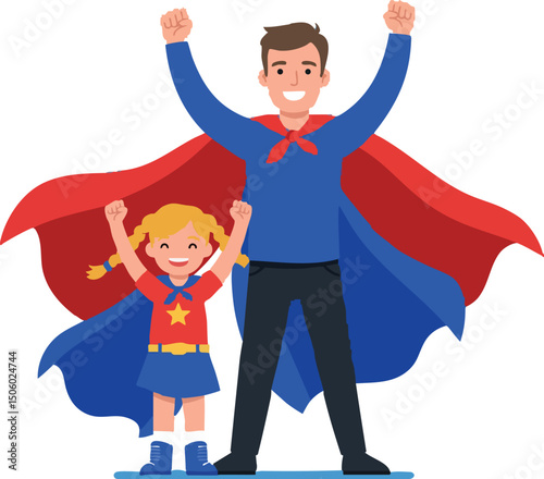 Father and Daughter Wearing Superhero Costumes Raising Hands in Victory Pose Vector Illustration 