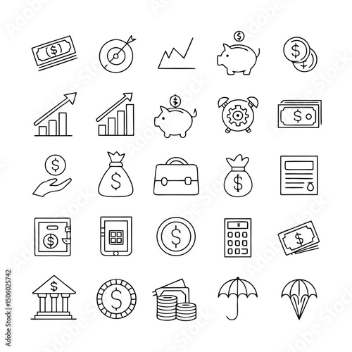 Set of Web Icons for Financial Growth and Income – Linear Style Symbols Including Finance, Profit, Wealth, and Budget Planning