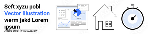 Data analytics dashboard with charts, house illustration, and stopwatch. Ideal for business, real estate, data analysis, productivity, time management, reporting tools simple landing page