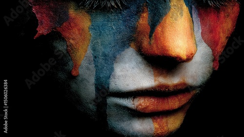 A close-up of a face painted in vibrant, abstract colors with textured, artistic detail on the lips and nose.