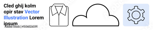Shirt outline, simple cloud shape, gear icon in soft hues. Ideal for technology, computing, data storage, clothing design, fashion, teamwork simple landing page
