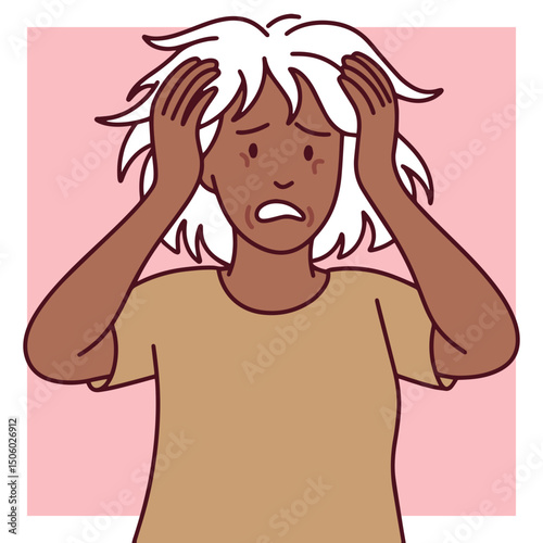 Flat of a dark-skinned old senior woman grabbing her head in extreme frustration or panic. Visualizes emotional overload, stress reaction, or anger
