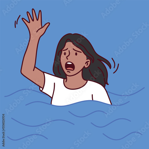 Distressed dark skined black girl struggling in deep water, waving one arm for help. Scene represents emergency, drowning, crisis, or a need for rescue