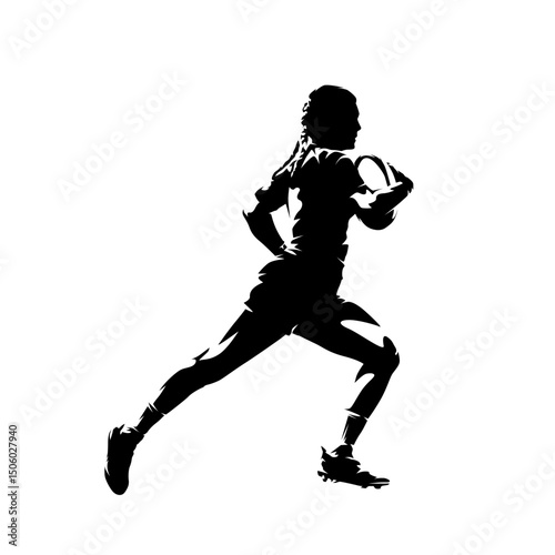 Rugby, woman running with rugby ball, abstract isolated vector silhouette, high contrast illustration