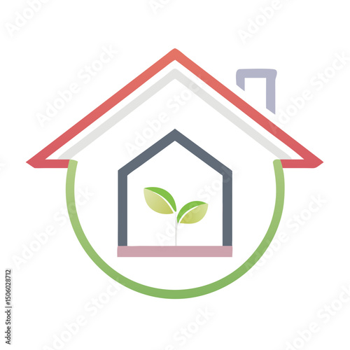 Eco house with small leaf and green circle in flat pastel style