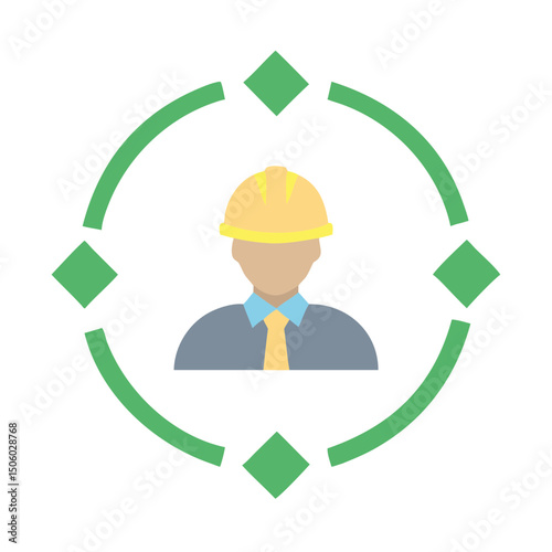 Construction worker icon with helmet inside green circular frame