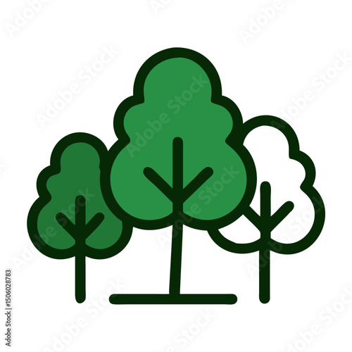 Forest with deciduous trees icon in bright green and black outline