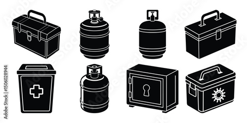 Set of gas cylinders, medical bins, spray bottles, toolboxes and secure safe boxes silhouettes isolated on white background.