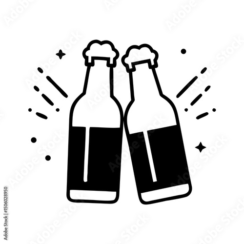 Two beer bottles clinking in black and white celebratory style
