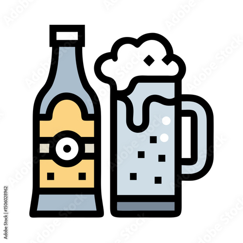 Beer bottle and mug with foam in flat colorful design