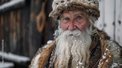 Portrait of a Senior Caucasian man with a long white beard, wearing a fur hat and coat, covered in snow. Celebrating Iceland Independence Day