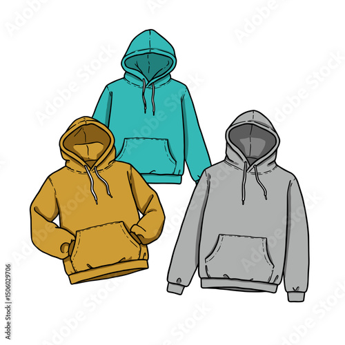 Three colored hoodies in casual style with pockets and hoods  