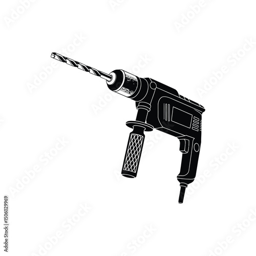 Black Silhouette Icon of Electric Power Drill with Handle and Bit – Construction Tool Concept