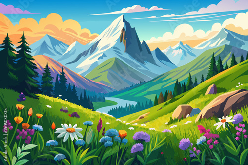 vector of Ideal mountain scenery in the Alps with blooming meadows in spring...