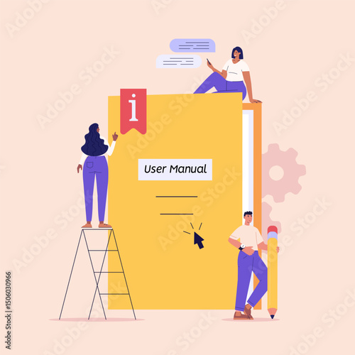People read user manual book. Users reading and writing guide instruction with question mark. Concept of customer guide, useful information, FAQ. Vector illustration in flat design for UI, web banner
