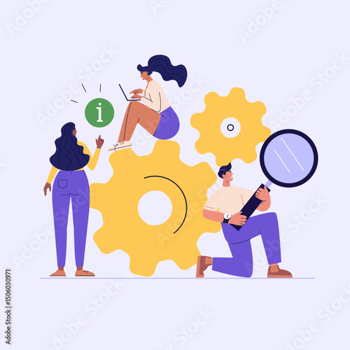 People read user manual book. Users reading and writing guide instruction with question mark. Concept of customer guide, useful information, FAQ. Vector illustration in flat design for UI, web banner