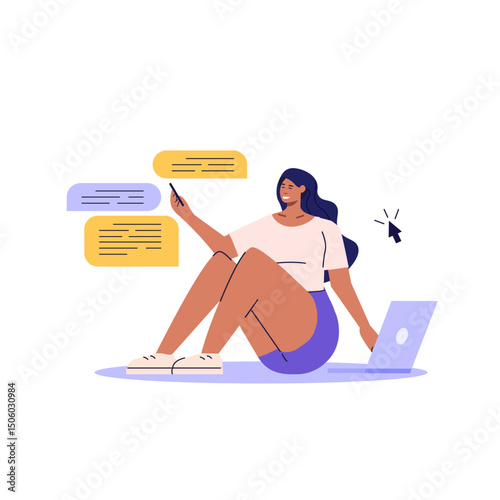 Woman sitting with laptop and writing mail. Contact us banner. Concept of online support, customer support, email marketing. Vector illustration for UI, web banner, mobile app