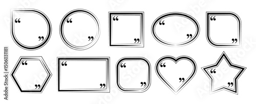 Double comma frame set blank template citation design. Quote outline frame with comma vector geometric shapes. Blank speech bubble for quotation, text, thoughts, banner isolated on white background.