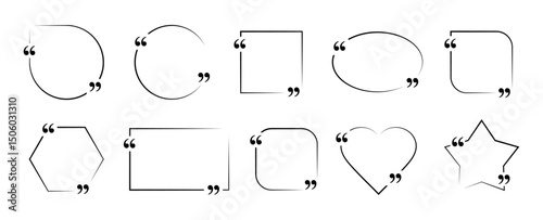 Double comma frame set blank template citation design. Comma vector speech bubbles. Mathematical shapes with circle, oval, square, rectangle, heart, star flat shapes isolated on white background.