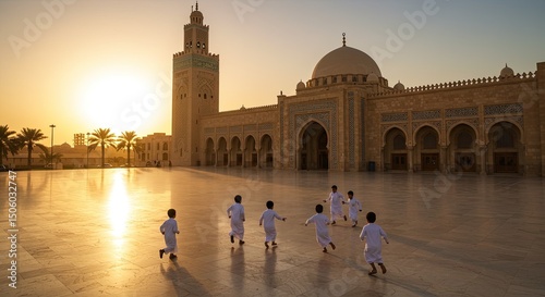 Children running on a plaza in front of a large mosque at sunset with warm sunlight casting shadows creating a peaceful atmosphere