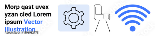Gear icon, modern chair, and wireless signal graphic emphasize innovation, minimalism, and communication. Ideal for technology, remote work, digital tools, connectivity modern workplace network