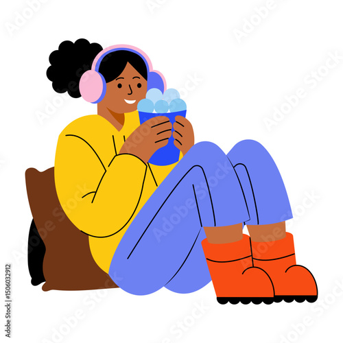 A flat style illustration showing a person listening music