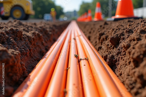 Underground cable installation showing orange conduit pipes in freshly dug trench.  New fiber optic cables are being laid underground for high-speed internet connection.