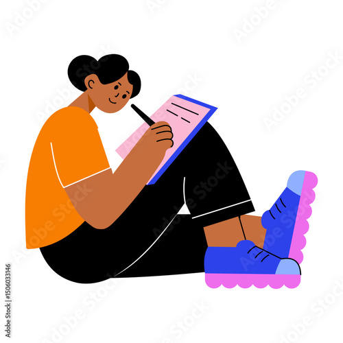 A flat style illustration showing a person writing on notebook