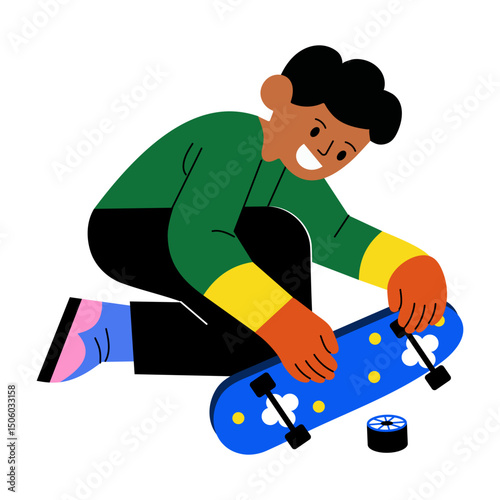 A flat style illustration showing a person looking at broken skateboard