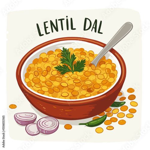 Lentil dal in a bowl with spoon, garnished with coriander leaves  