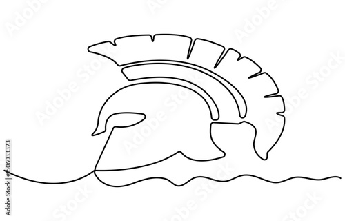 Continuous one line drawing of spartan helmet. Medieval, greek, roman, traditional, protection concept. Editable stroke vector, Continuous one line drawing of roman warrior helmet mask. One line pro.