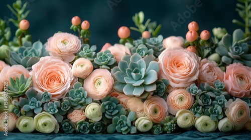 Floral Arrangement Peach flowers mixed with succulents on dark teal fabric backdrop