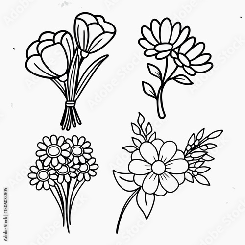 Elegant floral line art collection featuring diverse flower arrangements perfect for designs