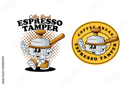 portafilter with espresso tamper retro cartoon character mascot illustration with walking pose and showing ok hand for coffee shop, cafes, beverage, barista, restaurant mascots and merchandise
