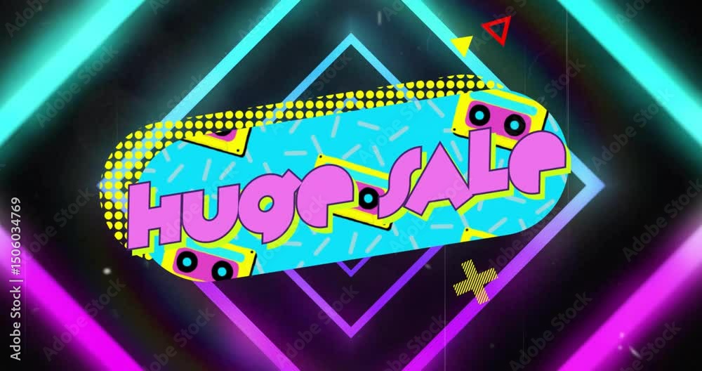 Neon diamonds sparking pill shaped banner with cassette icons fading to center showing HUGE SALE
